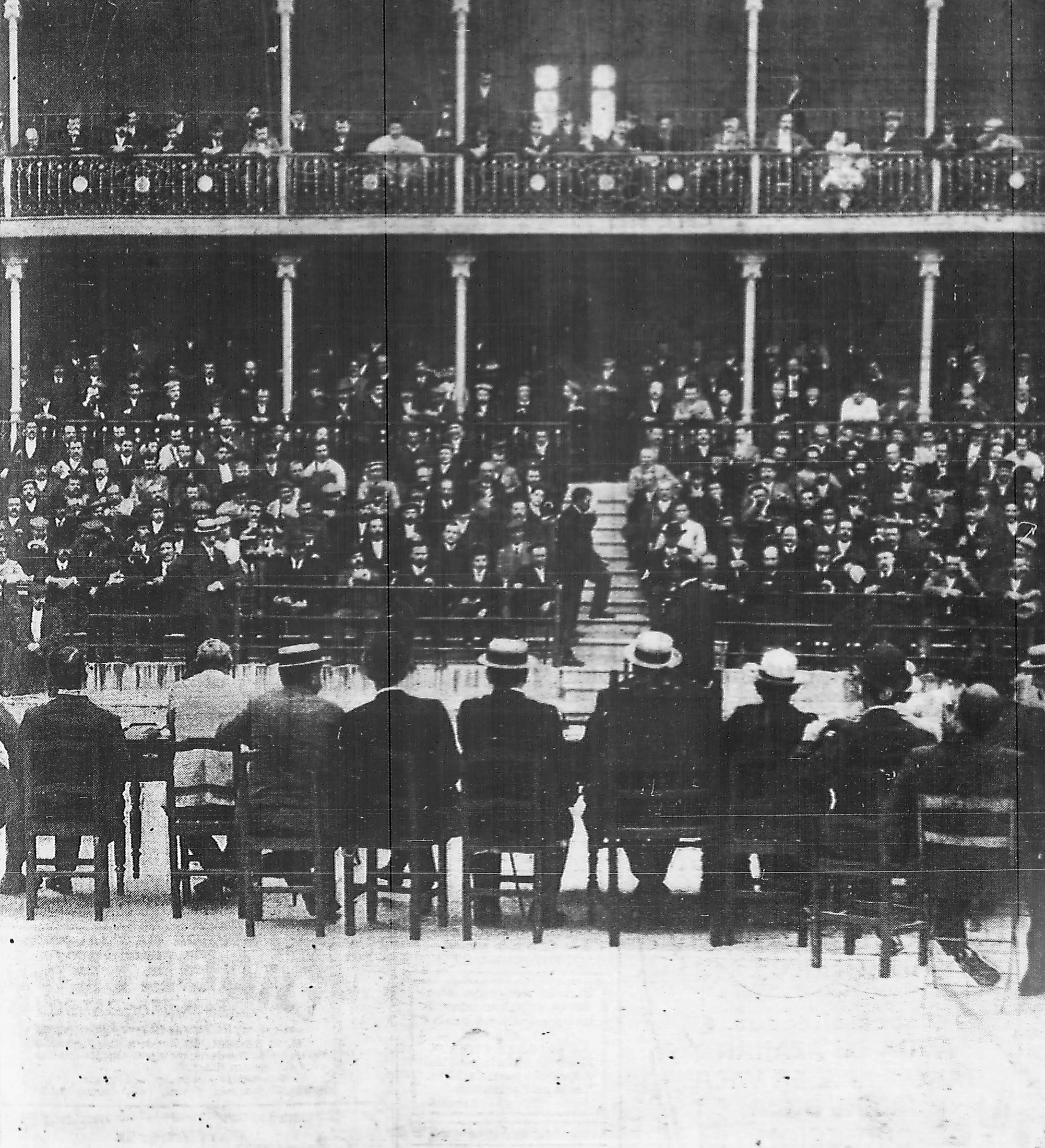 Imagen de la noticia de la asamblea de alcoholeros en Beti Jai, publicada en “ABC” del 9 de junio de 1908.
